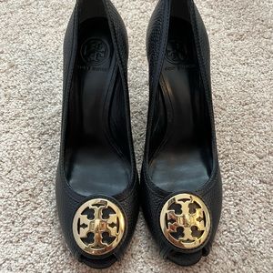 Tory Burch Black Peep Toe Wedge Sandals 11
